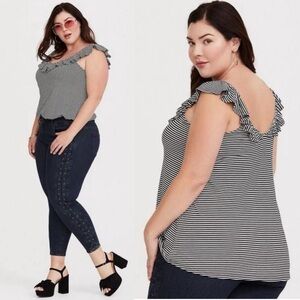 Torrid Tank Top Super Soft V Neck Ruffle Black White Striped Sz 14